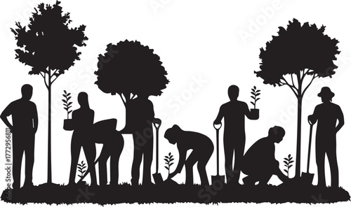 Diverse group planting trees and gardening on international volunteer day celebrating nature and community effort
