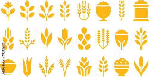 Grains Icon Set, Cereals Doodle Silhouettes, Rice Oats Corn Quinoa Barley Millet Agriculture Food Ingredients Hand Drawn Vector Illustration