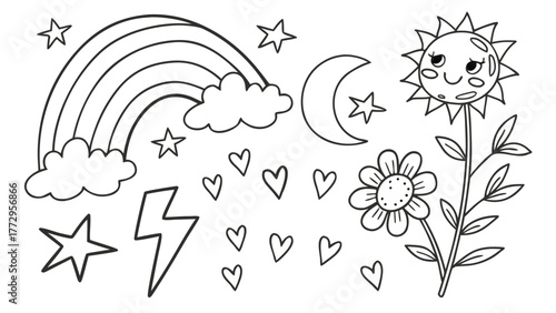 Cute Rainbow and Sunshine Doodle Coloring Page for Kids – Hand Drawn Line Art Illustration