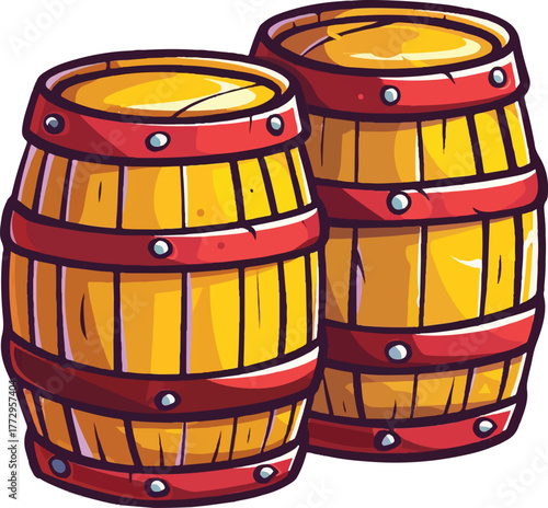 cute cartoon vector-style illustration of two yellow beer barrels with red stripes, on a white background