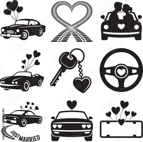 Romantic wedding car symbols and elements heart love