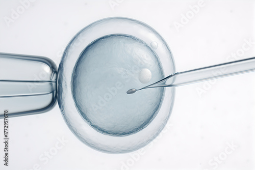 Photorealistic IVF (“In Vitro Fertilization”), newborn swaddled on bassinet with hospital wristband; soft warm clinical lighting; embryo in dish; swaddled baby on warm-lit bassinet; newborn