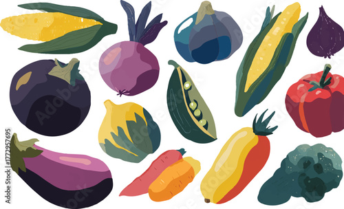 cute flat vector illustration of various vegetables like corn, eggplant, and green peas on a white background