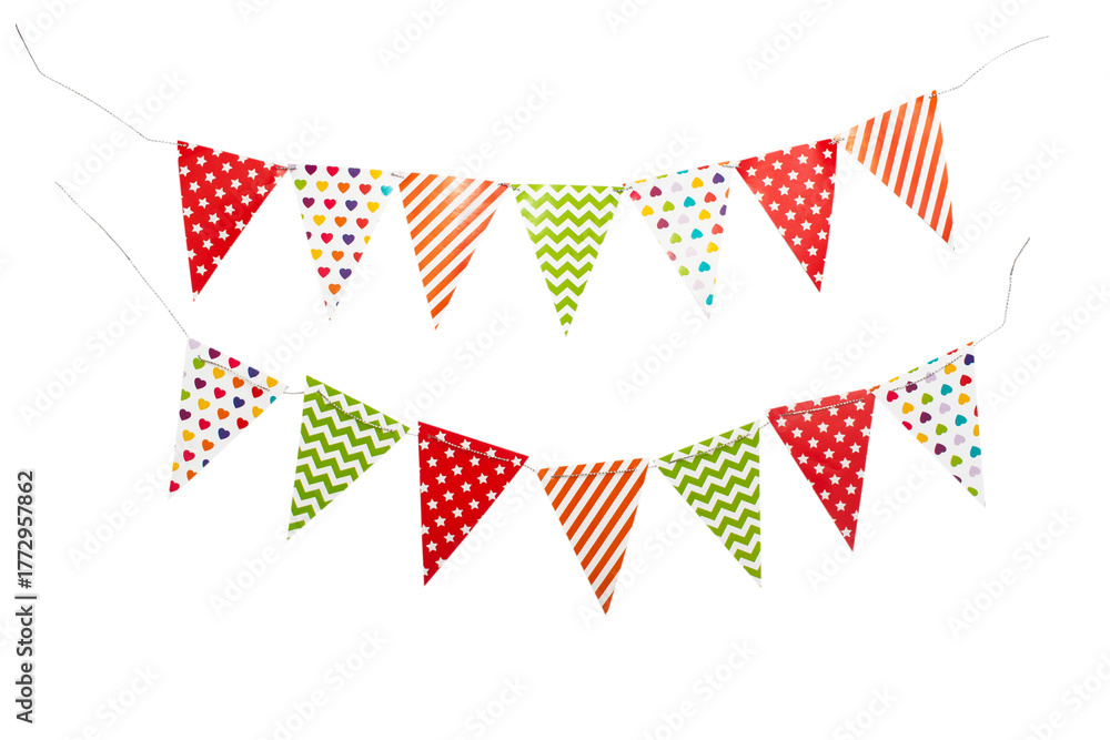 Obraz premium A carnival garland with multicolored flags on a white background.