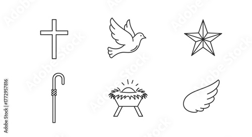 Religious symbols including cross, dove, star, and manger for holiday celebrations. Religious imagery features symbolic icons like dove and star,
