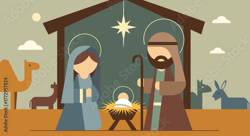 Nativity scene with Mary, Joseph, and baby in manger surrounded by animals. Nativity illustration features camel, donkey, and other creatures, creating a warm atmosphere for holiday celebration.