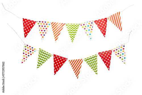 A carnival garland with multicolored flags on a white background.