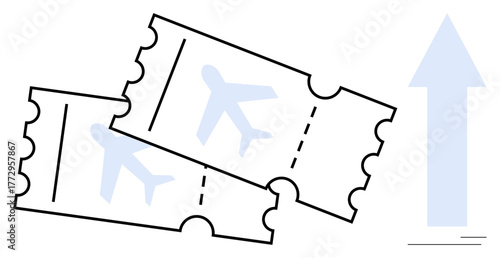 Two airline tickets with airplane shapes symbolizing flight, paired with an upward arrow. Ideal for travel, tourism, planning, adventure, ticket booking, opportunities progress. Simple flat metaphor