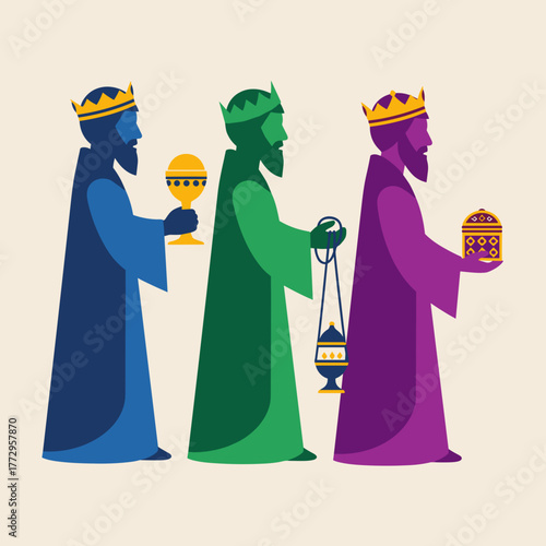 Three wise kings with gifts in colorful robes and crowns representing traditional holiday. Three wise kings bring gifts for celebration, showcasing culture and significance of traditional holiday.