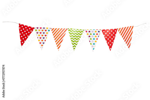 A carnival garland with multicolored flags on a white background.