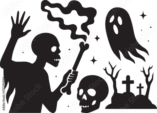 This image is a black and white vector arart with a Halloween theme.