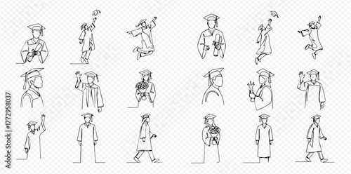 Continuous line art illustrations of graduates celebrating their achievement, holding diplomas, throwing caps, and jumping in various poses.