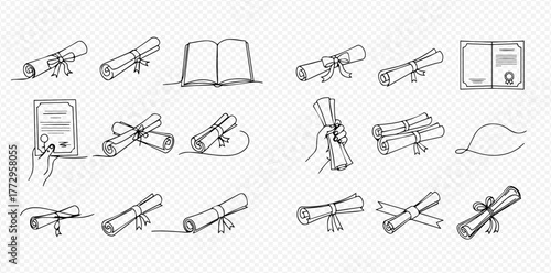 Hand-drawn outline vector illustrations of diplomas, certificates, and an open book, symbolizing education and graduation achievements.