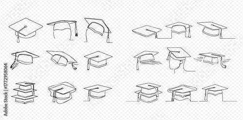 A collection of minimalist continuous line art drawings of graduation caps in various styles and perspectives, suitable for academic and educational themes.