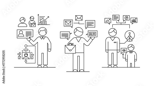 Business communication and management with people and chart isolated on white