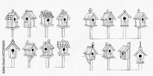 Hand-drawn sketch of various wooden birdhouses on poles, showcasing different architectural styles for birds.