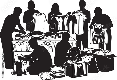 Diverse volunteers sorting and organizing donations of clothing for international volunteer day celebration