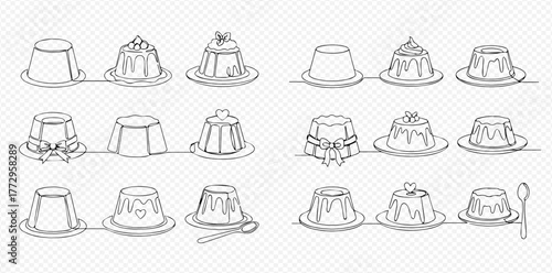 Continuous line art drawings of various puddings and flans with different toppings and decorations on plates, isolated on a transparent background.