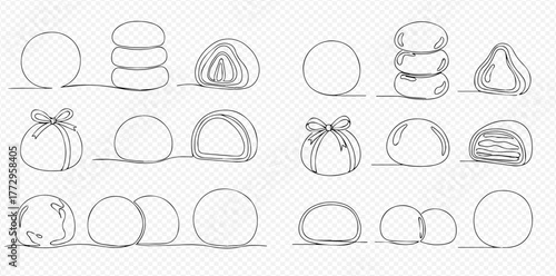 Continuous line art drawing set of various mochi desserts, including whole, stacked, cut, and gift-wrapped sweet rice cakes.