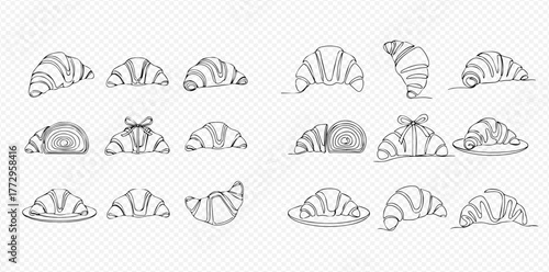 A collection of continuous line art drawings depicting various croissants in different orientations and styles, isolated on a transparent background.