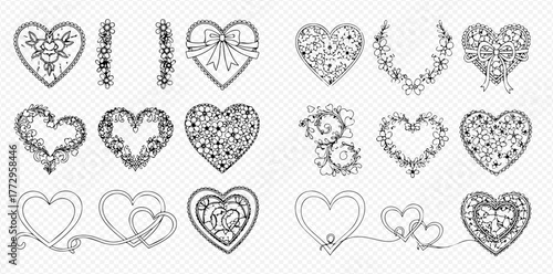 Collection of intricate black and white heart designs with floral, bow, and gear patterns, perfect for Valentine's Day or romantic themes.