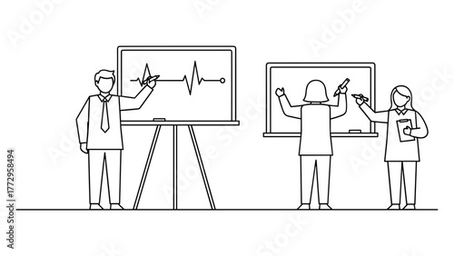 People drawing on whiteboards in line art style