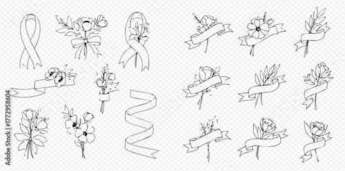 A collection of hand-drawn outline illustrations featuring various ribbons and floral elements.
