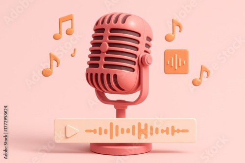 Retro microphone, music notes, audio wave, and play icon on pink