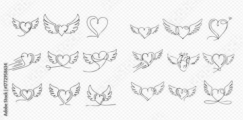Collection of continuous line art heart designs, many featuring elegant wings and decorative elements, on a transparent background.