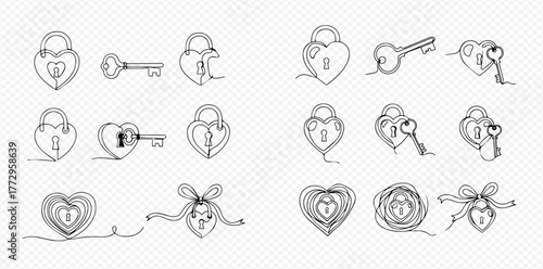 Continuous line art drawings of heart-shaped padlocks and keys, symbolizing love, security, and romance, presented on a transparent background.
