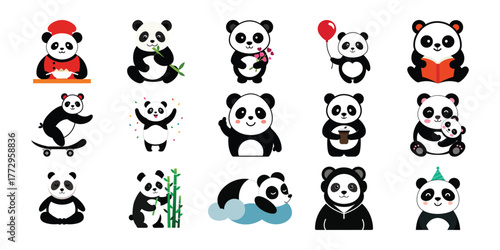 Collection of adorable cartoon pandas in various poses and outfits celebrating different activities and holidays