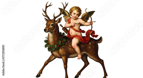 Vintage illustration of Cupid riding a deer with a wreath around its neck.