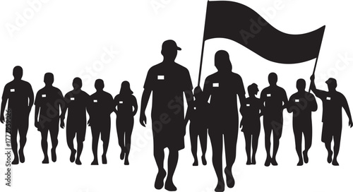 Diverse group of volunteers marching together carrying a flag celebrating international volunteer day