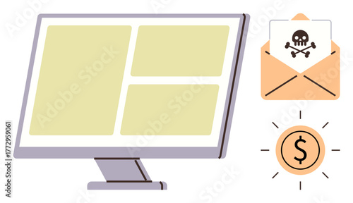 Desktop monitor next to an email with a malware warning and a coin icon. Ideal for cybersecurity, phishing threats, malware protection, online fraud, data protection, financial security, simple flat