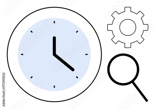 Clock with black hands, gear icon, and magnifying glass suggest organization, analysis, and productivity. Ideal for time management, efficiency, business strategy, optimization focus