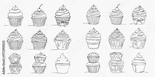 Hand-drawn sketch collection of various cupcakes with different frostings and toppings, in a black and white line art style.