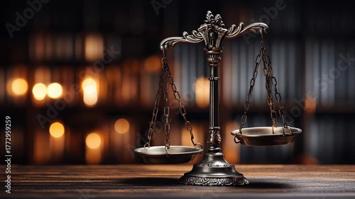 Elegant vintage scales of justice symbolizing law and fairness in a warm library setting