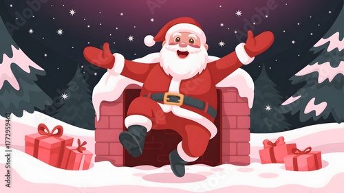 Santa claus stuck in a chimney with presents and snow