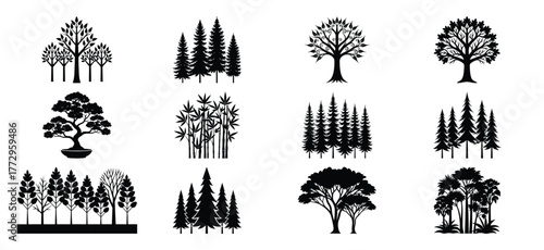 Collection of stylized black and white silhouette trees and forests for graphic design and illustration