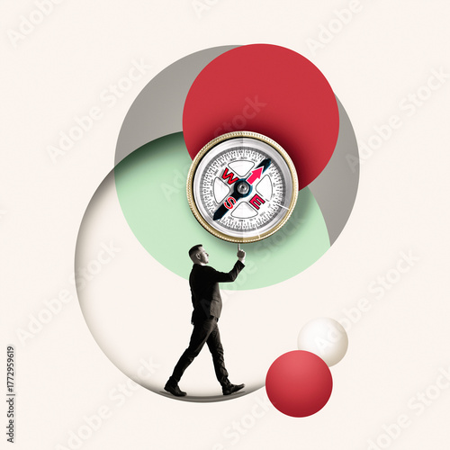 Vivid creative collage showing a man in a business suit walking while balancing a huge compass on his index finger.