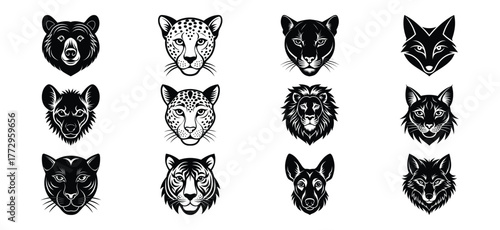 Collection of twelve stylized black and white animal head illustrations featuring wolves jaguars and other wild predators