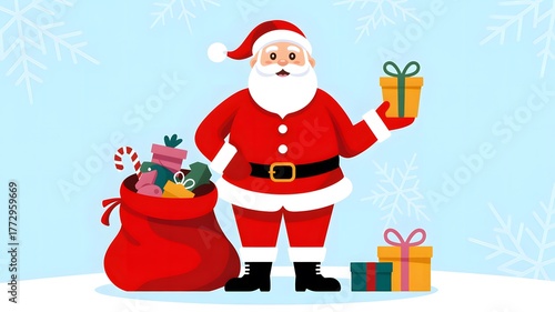Santa claus with a sack of presents and gifts on a snowy background