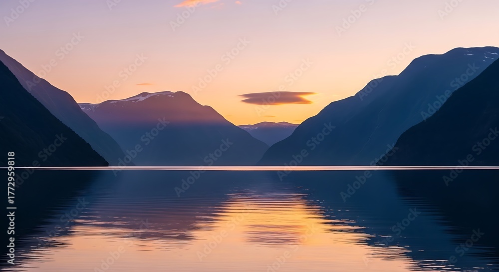 Fototapeta premium Serene Sunset Over Mountain Lake with Reflective Waters and Calm Atmosphere.