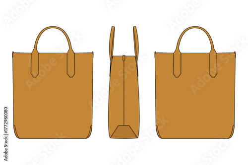 Everyday Leather Tote Bag Fashion Technical Drawing Flat Sketch.