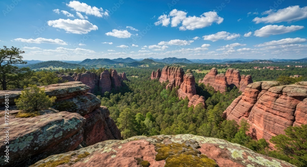 Naklejka premium Rugged red rock formations emerge from a dense pine forest under a blue sky