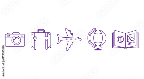Travel icons including camera, suitcase, airplane, globe, and passport