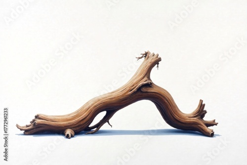 Twisted driftwood branch, weathered texture and organic form, presented in stark contrast on a pure white canvas. A single piece of twisted, weathered driftwood with a rugged, organic texture.