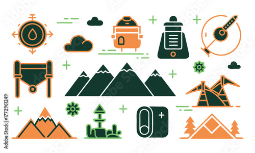 Outdoor adventure icons with mountains clouds and camping gear Keywords: outdoor adventure icons