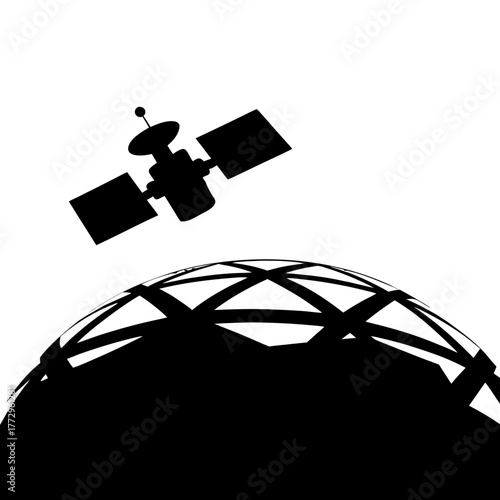 Silhouette of a satellite orbiting over a geodesic dome in a high contrast black and white image