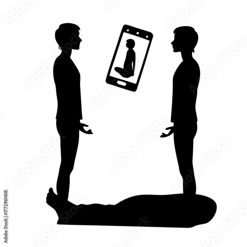 Silhouette of two people standing with a phone showing a person meditating in black and white design